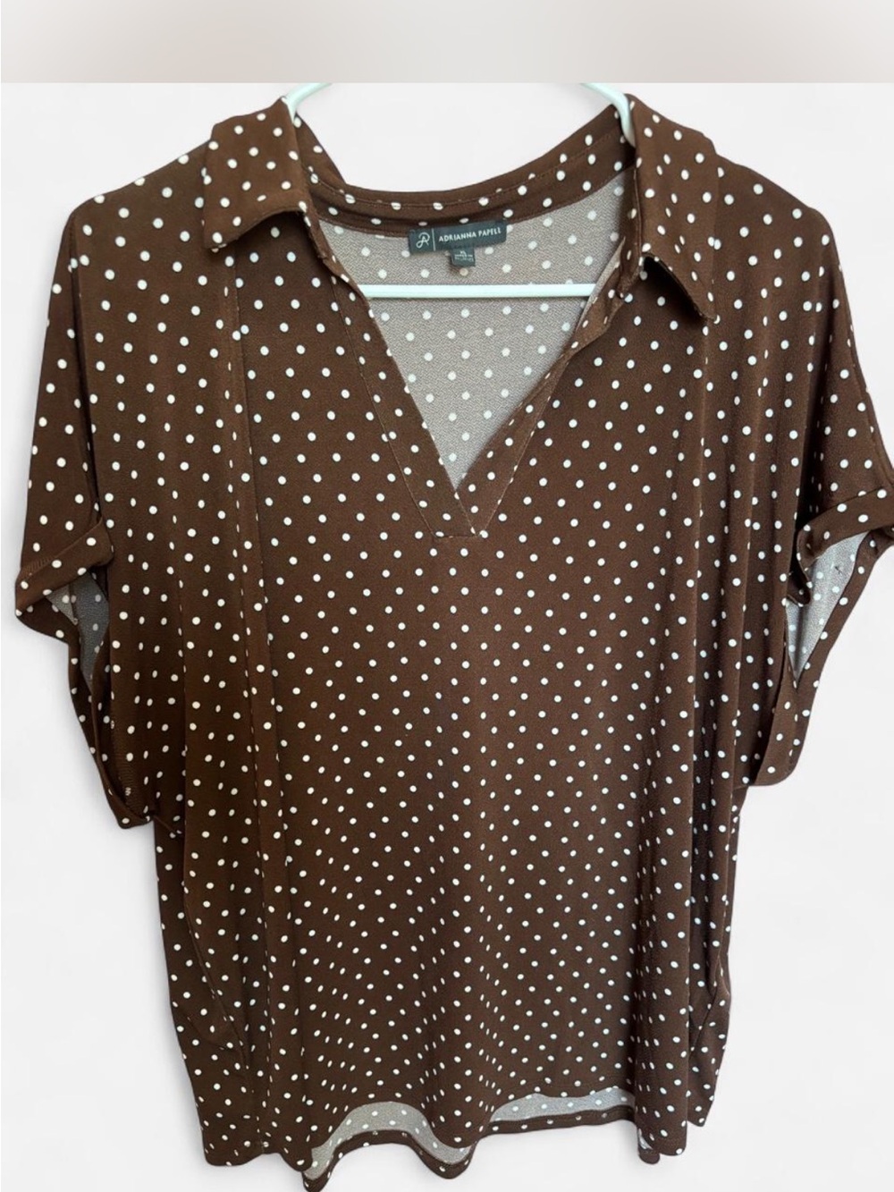 Adrianna Papell Brown Polka Dot Short Sleeve Collared V-Neck Top